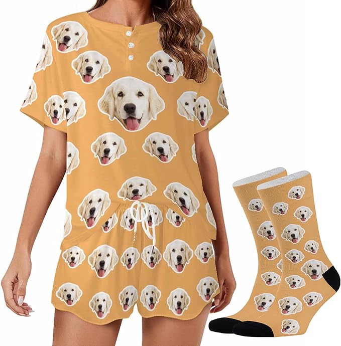 Custom Short Pajamas Set with Face Photo Women‘s Sleepwear Tee Personalized PJ Short Loungewear Set fot Her