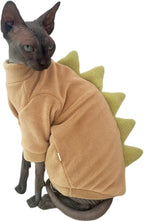 Dinosaur Sphynx Cat Clothes, Soft Polar Fleece Sweater for Cat, Elastic Pet Clothes Thick Winter Warm Outfit for Hairless Cat, Devon, Cornish, Small Dogs Apparel with Sleeves (Khaki, Large)