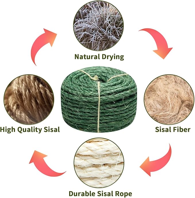 Green Sisal Rope, 1/4 Inch, 32-Feet, for Cat Scratching Post, DIY Hemp Twine, 6mm, 10m