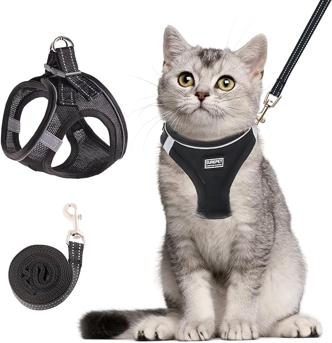 Cat Harness and Leash Set, Soft and Breathable Vest with Reflective Strip, Escape Proof Kitten Harness, Easy to Wear for Cats Walking and Traveling (Black, M)