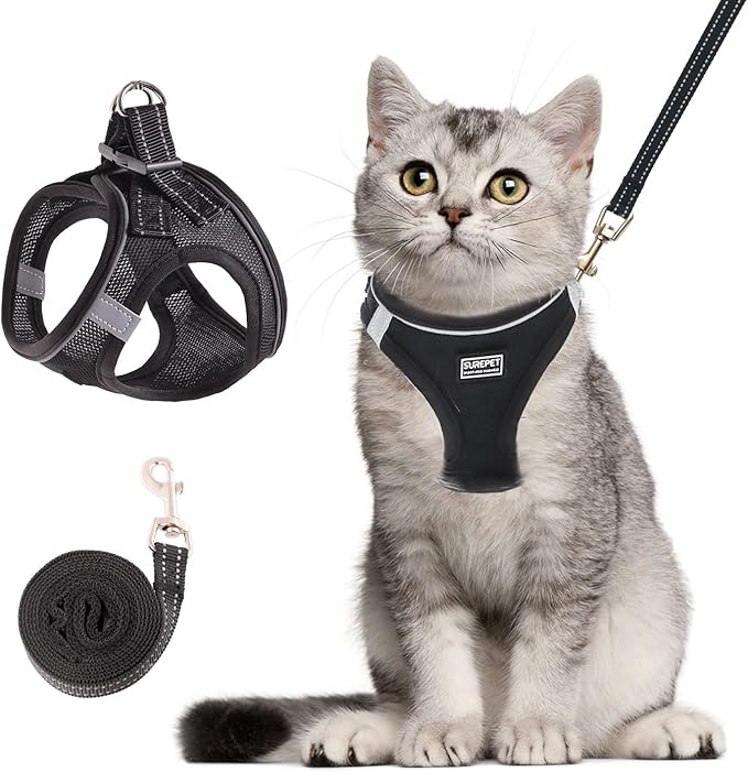 Cat Harness and Leash Set, Soft and Breathable Vest with Reflective Strip, Escape Proof Kitten Harness, Easy to Wear for Cats Walking and Traveling (Black, S)