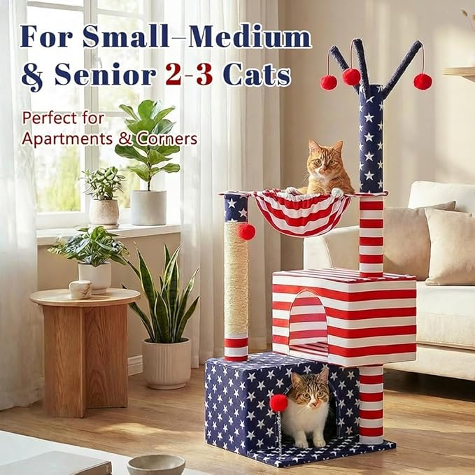 American Flag Cat Tree for Kittens & Senior Cats, 45” Stable Cat Tower Corner Fit, Patriotic Star & Stripes Cat House for Small Spaces with 2 Condos, Hammock & Reinforced Scratching Posts