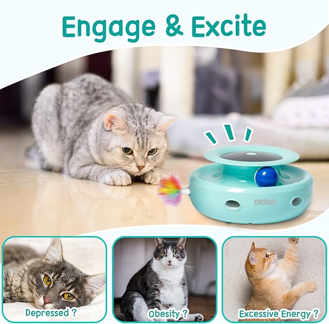 ORSDA Cat Toys 2-in-1 Interactive Cat Toys for Indoor Cats, Automatic Cat Toy Balls, Mice Toys Ambush Feather Kitten Toys with 7pcs Attachments, Dual Power Supplies, Adjustable Speed, Auto On/Off