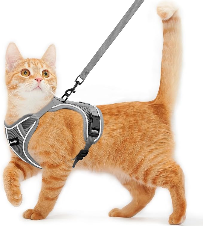 Cat Harness and Leash for Walking Escape Proof Soft Adjustable Cat Leash Breathable Comfortable Vest Easy to Wear Kitten Harness for Outdoor Travel Grey XS