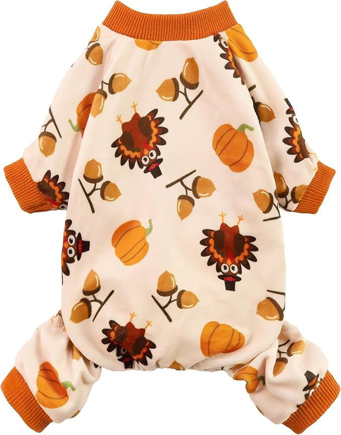 Fitwarm Thanksgiving Turkey Dog Pajamas, Funny Dog Winter Clothes for Small Dogs Girl Boy, Pet Jumpsuit, Cat Onesie with Feet, Lightweight Velvet, Orange, XL