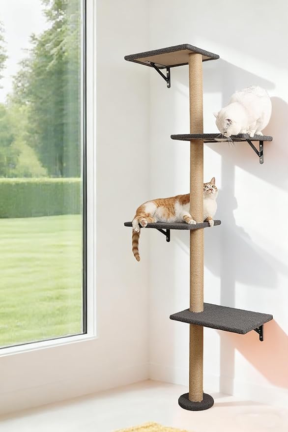 Tall Cat Scratching Posts,4 Tier Corner Cats Tree, Wall Mounted Kitten Tower,Carpeted Climbing Wall for Indoor Kitty Perching,Playing and Lookout (Grey)
