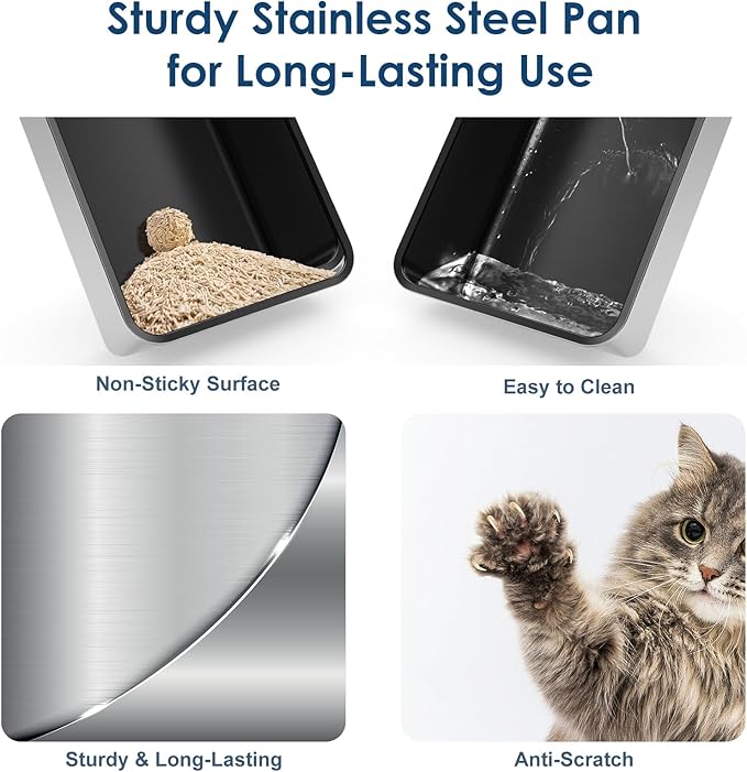 Non-Sticky Coated Stainless Steel Cat Litter Box with Lid Extra Large Litter Box for Big Cats XL Metal Litter Pan Tray with High Wall Sides Enclosure, Anti-Leakage, Easy Cleaning