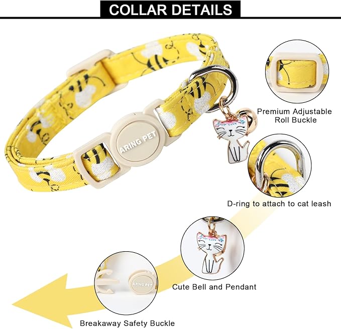 ARING PET 2 Pack Cat Collars-Cute Breakaway Cat Collar with Bell & Pendant, Adjustable Floral&Bees Pattern Kitten Collars with Safety Buckle for Girl and Boy Cats
