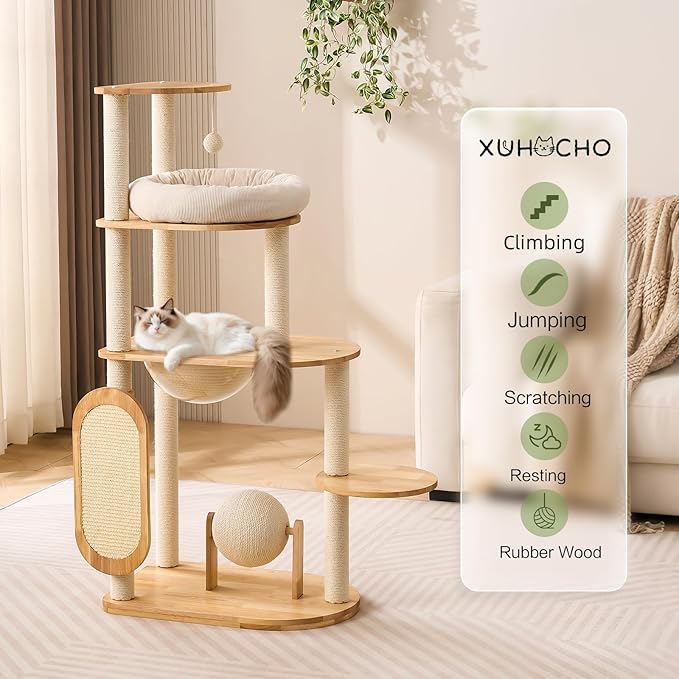 Modern Cat Tree with Scratching Post, Solid Rubber Wood Cat Tree Tower for Indoor Cats with Cotton Nest, Space Capsule, Cat Scratching Ball and Board