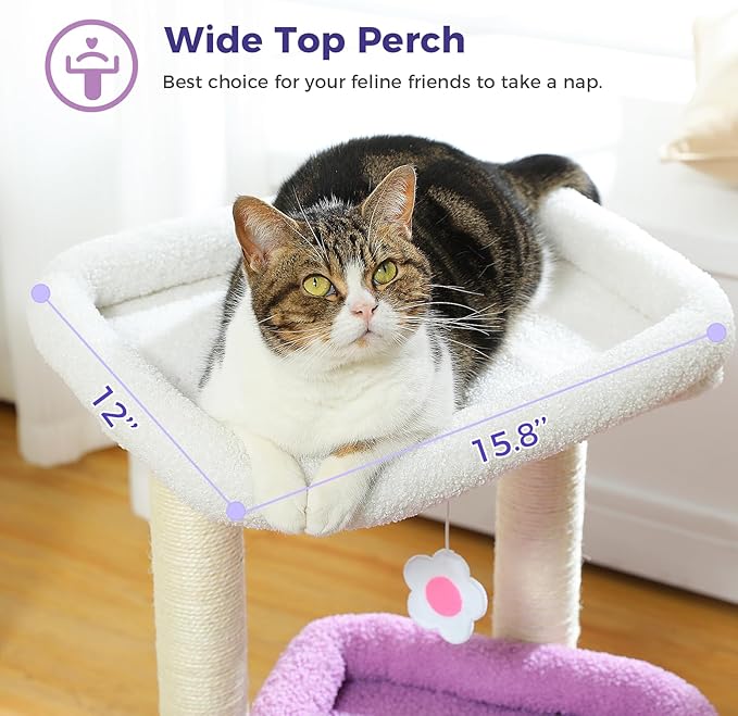 PEQULTI Cat Tree Flower Cat Tower for Indoor Cats with Private Cozy Cat Condo, Natural Sisal Scratching Posts and Plush Pom-pom for Small Cats, Purple