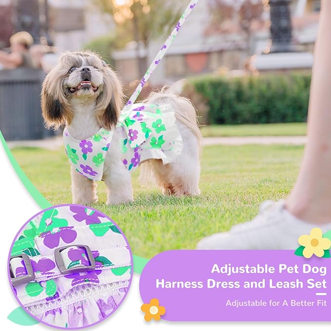 Dog Harness Dress Leash Set for Small Dog Summer Clothes Girl Female Puppy Cats Outfits Cute Floral Bowknot Princess Birthday Dress for Extra Small Pet Doggie Kitten Outfits Apparel(Green,L)