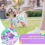 Dog Harness Dress Leash Set for Small Dog Summer Clothes Girl Female Puppy Cats Outfits Cute Floral Bowknot Princess Birthday Dress for Extra Small Pet Doggie Kitten Outfits Apparel(Green,L)