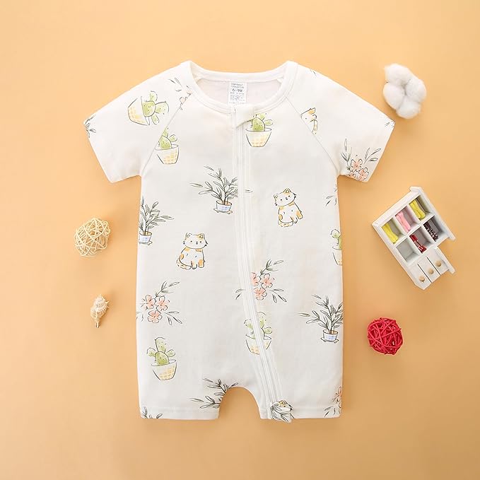 Unisex Summer Trendy 2-Pack Rompers Short Sleeve Zipped Bodysuit Infant Cotton Outfits