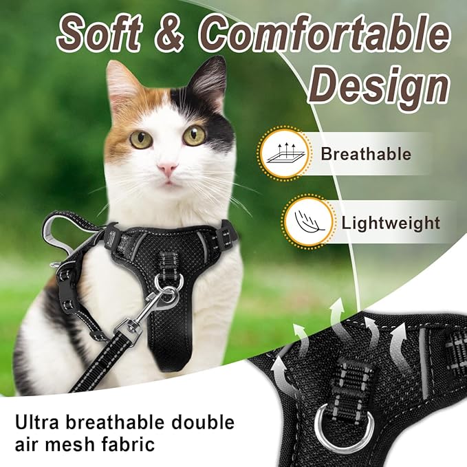 Cat Harness and Leash Set for Walking Escape Proof for Small Large cat Kitten Harness with ID tag Pocket (Black,S)