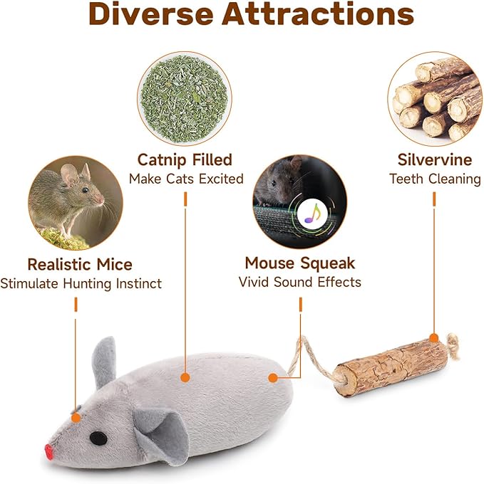 Potaroma Cat Toys: 3pcs Squeak Mice Interactive Catnip Silvervine Animals for Indoor Kittens - Dental Matatabi Cat Nip & Chew Exercise Toy for All Breeds & Species