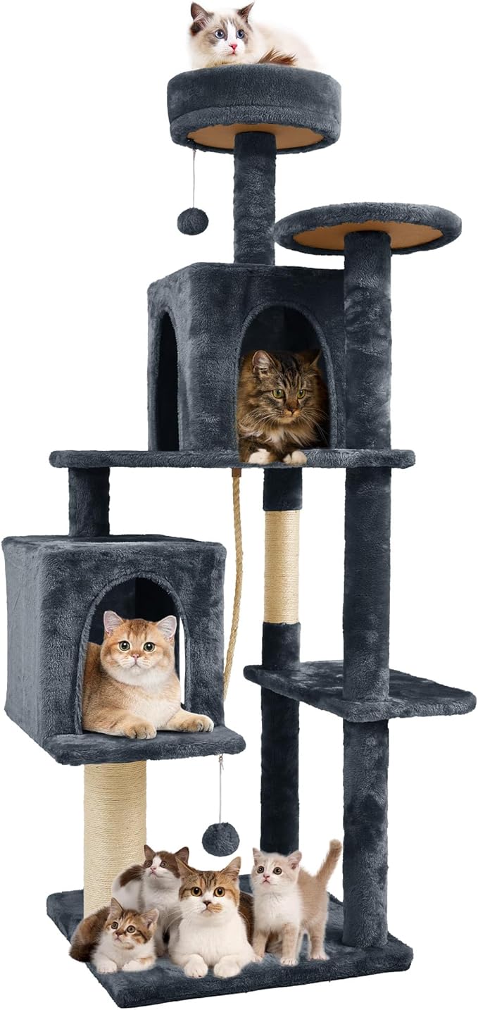58.5inch Large Cat Tree Tower Condo for Indoor Cats, Soft Plush Multi-Level Climbing Tree Cat House, Scratching Post, More Entrance/Exit, Sisal Rope, Black Grey