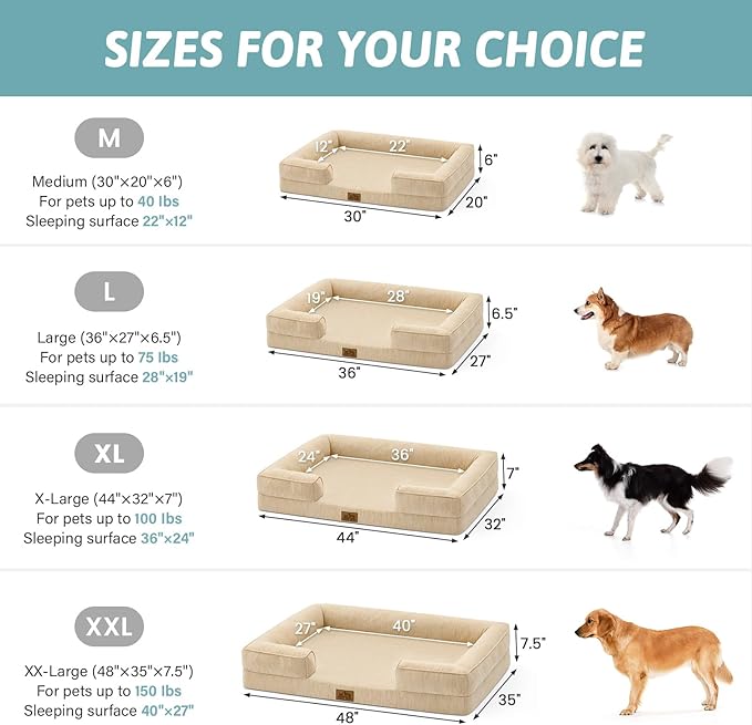 Cooling Dog Bed for Large Medium Size Dogs, Q-Max >0.4 Summer Cool Orthopedic Foam Pet Sofa Bed with Sides, Bolster Anti-Slip Couch with Washable Removable Cover, L 36x27x6.5 inch, Beige