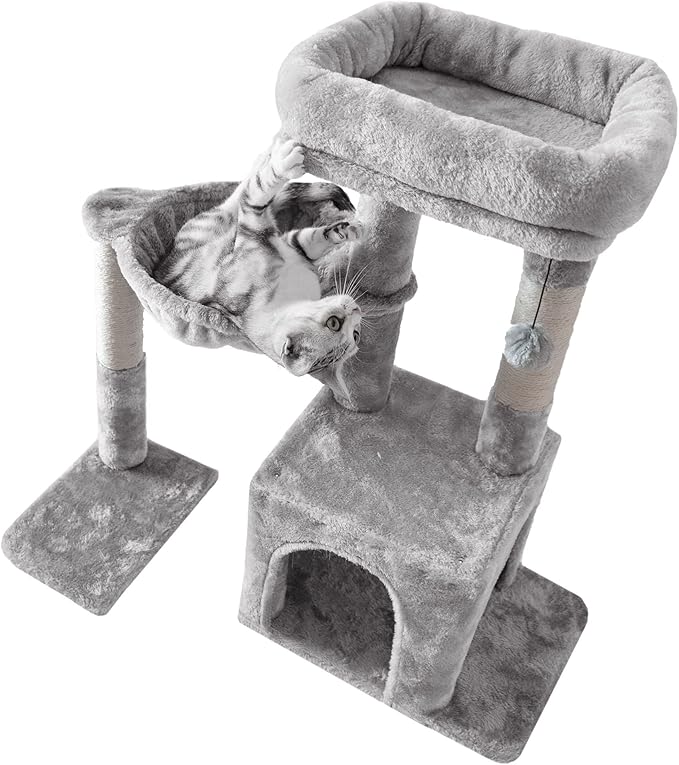 Pesofer Cat Tree, Small Cat Tower with Sisal Scratching Post and Hammock Light Gray