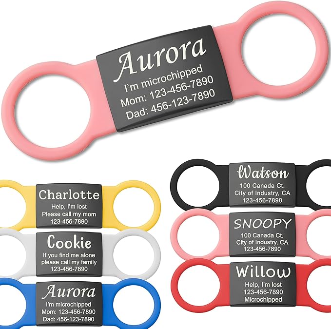 Anavia Slide On Silent Pet ID Tags, S/M/L/XL Personalized Black Stainless Steel Colored Silicone Cat Dog Name Tag, Customized Engraved Nameplate, Quiet Chew-Proof Pet Collar Tag (Pink, Small)