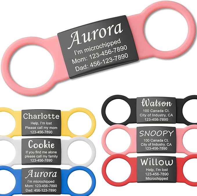 Anavia Slide On Silent Pet ID Tags, S/M/L/XL Personalized Black Stainless Steel Colored Silicone Cat Dog Name Tag, Customized Engraved Nameplate, Quiet Chew-Proof Pet Collar Tag (Pink, Medium)