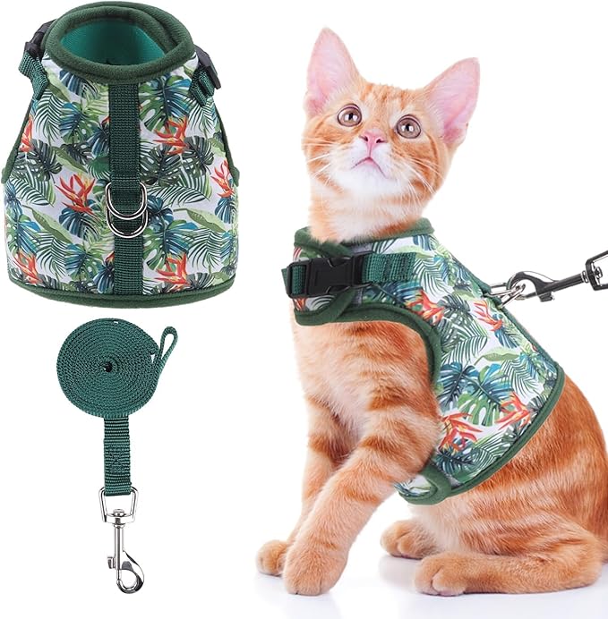 BINGPET Cat Harness and Leash Set Escape Proof for Walking,Step-in Harness with Lightweight Soft Breathable Mesh,Adjustable Easy Control Harness (Emerald Hues, L(Chest:12.5-16.5"))