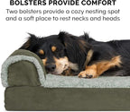 Furhaven Cooling Gel Dog Bed for Medium/Small Dogs w/ Removable Bolsters & Washable Cover, For Dogs Up to 35 lbs - Two-Tone Plush Faux Fur & Suede L Shaped Chaise - Dark Sage, Medium