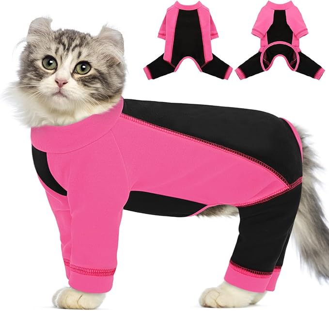 SUNFURA Hair Sticky Cat Clothes, Cat Sweater for Cats Only, 4-Legged Fleece Sweaters Kitten Pajamas Reduce Shedding Fur, Warm Pullover Shirts for Cats, Pink S