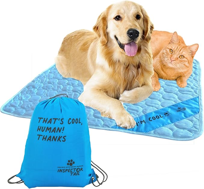INSPECTOR TAIL Self Cooling Mat for Dog + Free String Bag/Washable & Portable Pet Soft Pad for Indoor or Outdoor/Perfect as Blanket for Kennel Sofa Bed Floor Car/Blue