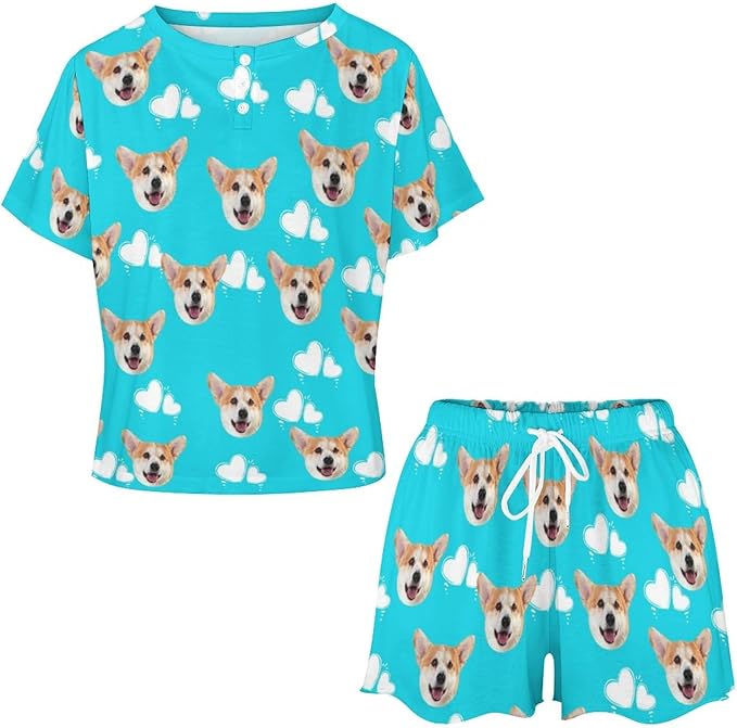 D-Story Custom Short Pajama Set with Pet Face Personalized Photo Sleepwear 2 Pieces Pjs Nightwear Xmas Gift for Women