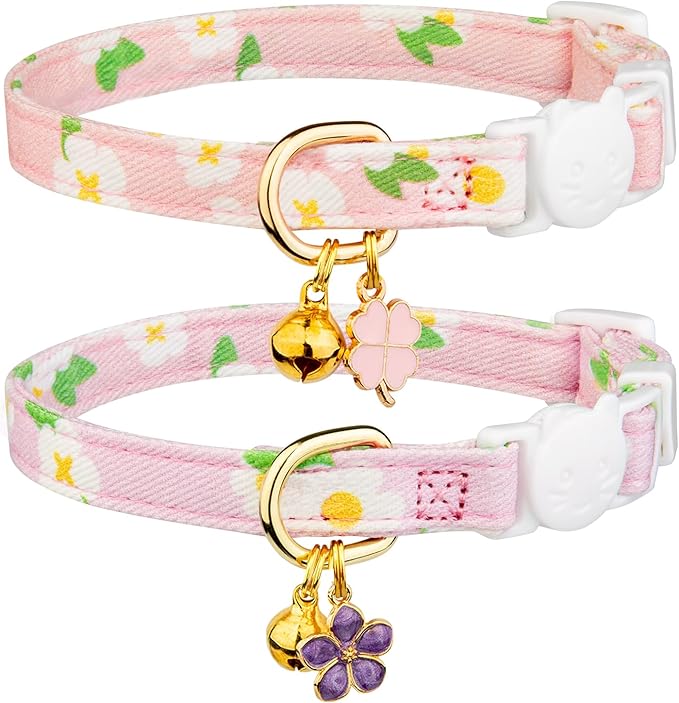 2 Pack Cotton Breakaway Cat Collar Purple and Pink Flowers Pendant Cute Kitten Cat Collar with Bell