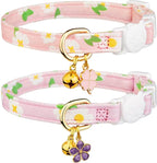 2 Pack Cotton Breakaway Cat Collar Purple and Pink Flowers Pendant Cute Kitten Cat Collar with Bell