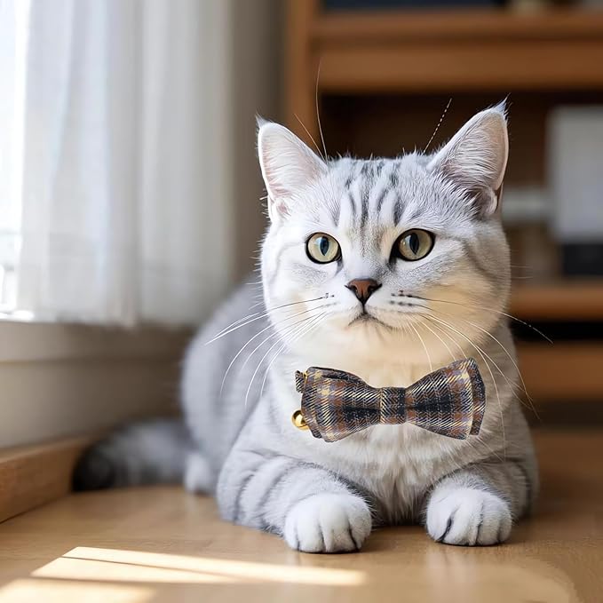 2 Pack Soft Cotton Cat Collars with Bowtie and Bell Breakaway Plaid Cat Kitten Collar(Ocean Blue and Mocha Tweed)