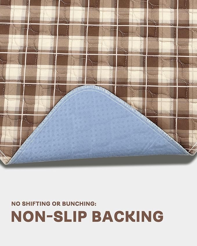 Non-Slip Bed Pads for Incontinence Washable (34" x 36"|2 Pack), Waterproof Bed Pads, Brown Grid, Bed Wetting Pads for Bed, Sofa, Floor, Resuable Underpads for Adults, Seniors, Pet