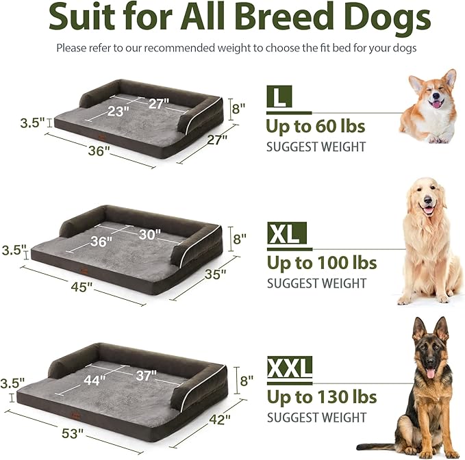 Orthopedic XXL Dog Beds, Waterproof Egg Crate Foam Big Pet Bed for All Breed Sized Dogs 53x42Inch, Washable Extra Large Dog Couch Bed with Removable Cover and Non-Slip Bottom, Dark Green