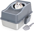 Top Entry Cat Litter Box with Lid, Stainless Steel Enclosed Cat Kitty Litterbox, Top Loading Large Metal High Side Litter Pan Tray Box Enclosure Easy Cleaning Anti-Leakage