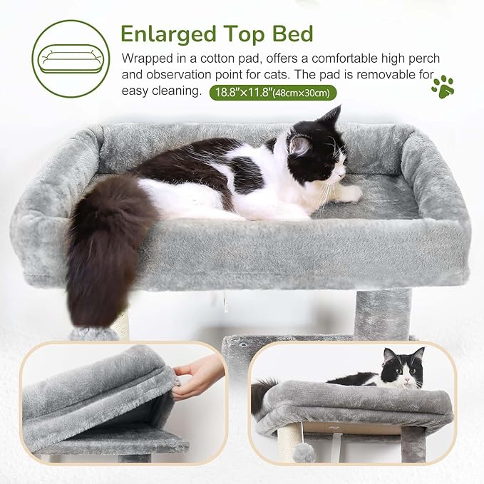 Globlazer Cat Tree Tower with Scratching Post for Indoor Cats, 53inch Tall Plush Multi-Level Cat Climbing Tower Condo House with Large Hammock, Spacious Cat Cave, Padded Top Perch Bed, F53, Light Gray