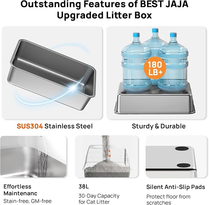 Stainless Steel Litter Box with Lid, SUS304 Metal Cat Litter Boxes, Enclosed Extra Large Kitty LitterBox High Wall, Jumbo Cat Toilet with Triple Pedal, Non-Sticky, Anti-Leakage (XL Grey)
