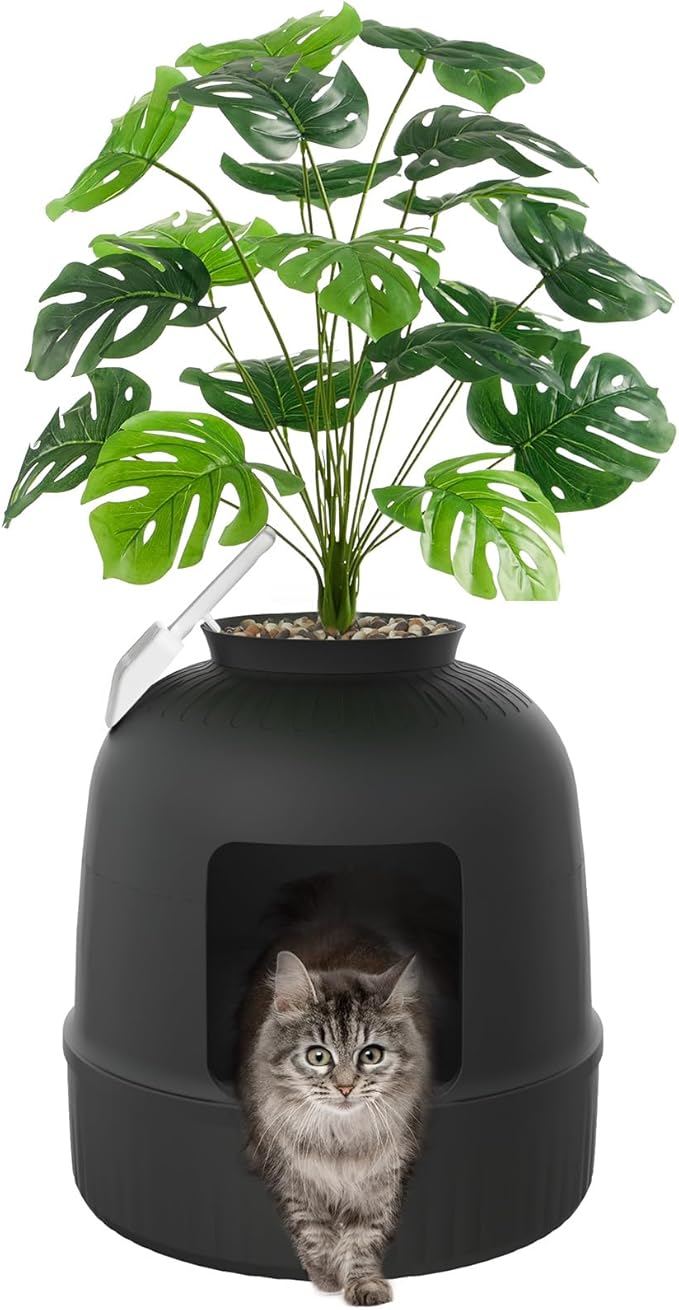 Lifewit Cat Litter Box, Hidden Enclosure Litter Tray with Odor Control & Carbon Filter in Living Room, Bedroom, Corner with Faux Plant& Plastic Scoop, 48 x 120 cm/19x47, Black