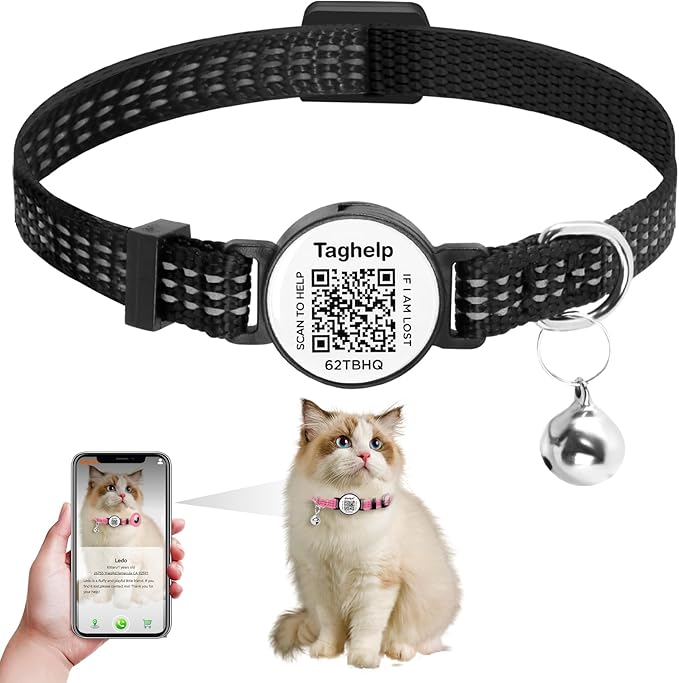Reflective-Breakaway Cat Collars with Bells with QR Code Name Tag, Cat ID Tag Personalized,Adjustable Small,Ideal for Girl Cats Male Cats Kittens Puppies (Black B,Collar Only)