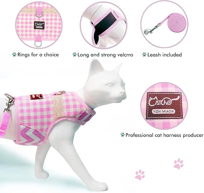 Cat Harness and Leash for Walking Escape Proof, Adjustable Cat Vest Harness, Padded Stylish Cat Walking Jackets, Pink Plaid, Small