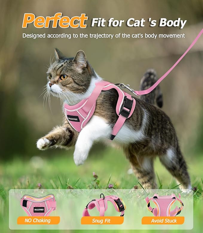 Halypet Cat Harness and Leash Set [MAX Safety 4th-Gen Upgrade] Escape Proof Adjustable Cat Leash Comfortable Soft Vest Easy to Wear Kitten Harness with Reflective Strip for Cats Walking, S Pink