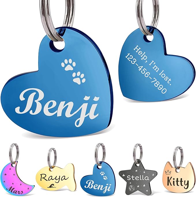 Anavia Small Size Dog Cat ID Tags, Small/XS Personalized Color Plated Stainless Steel Puppy Kitten Name Tags, Customized Engraved Nameplate Pet Collar Tag (Blue, Heart)