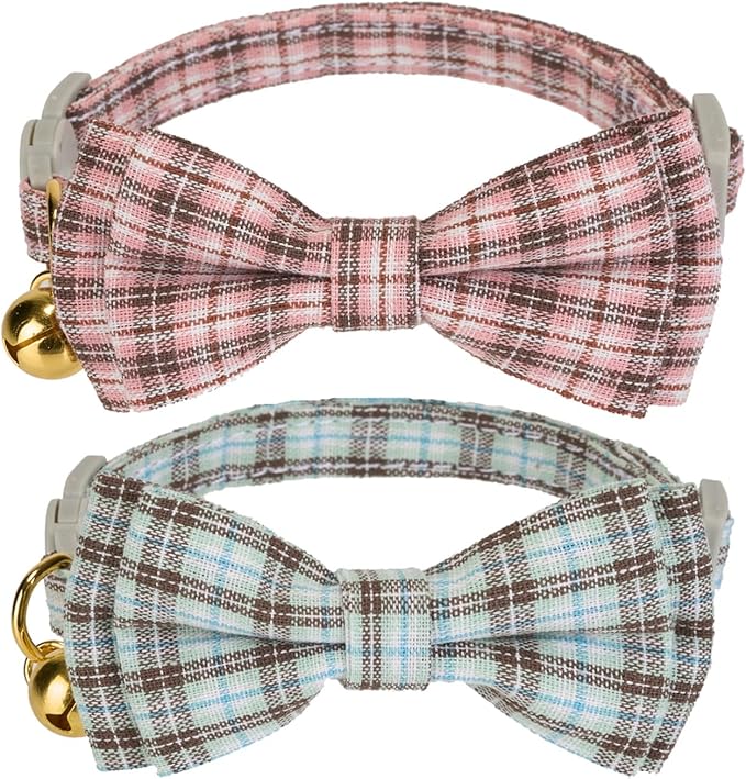 2 Pack Soft Cotton Cat Collars with Bowtie and Bell Breakaway Plaid Cat Kitten Collar(Pink and Jade Green)
