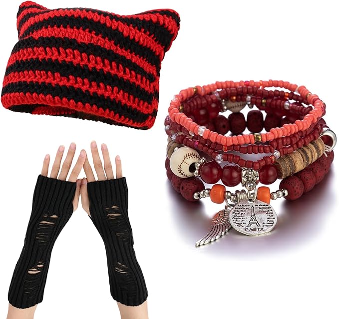 CORIRESHA Therian Emo Clothing Cat Ear Y2k Beanie Grunge Fingerless Gloves Bohemian Stacked Bracelets Set