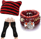 CORIRESHA Therian Emo Clothing Cat Ear Y2k Beanie Grunge Fingerless Gloves Bohemian Stacked Bracelets Set