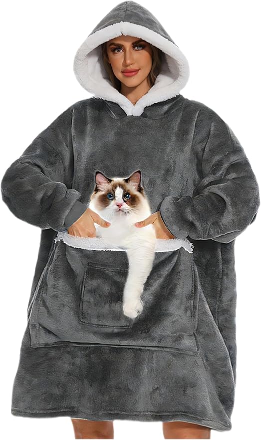 Wearable Blanket Hoodie with Giant Pocket, Soft Warm Sherpa Fleece Oversized Blanket Sweatshirt Gifts for Women Men