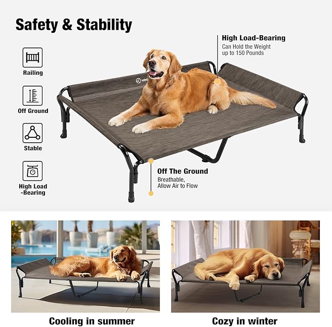 Veehoo Cooling Elevated Dog Bed, XL Raised Pet Cot with Guardrail & Slope Headrest, Durable Breathable Teslin Mesh, Non-Slip Feet, Washable Dog Couch Bed for Indoor & Outdoor, 50.5" x 33.5, Brown