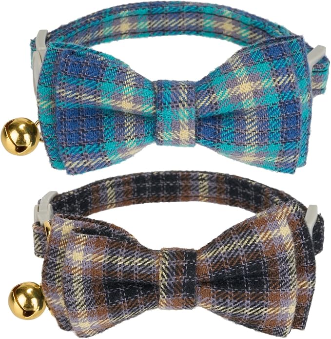 2 Pack Soft Cotton Cat Collars with Bowtie and Bell Breakaway Plaid Cat Kitten Collar(Ocean Blue and Mocha Tweed)