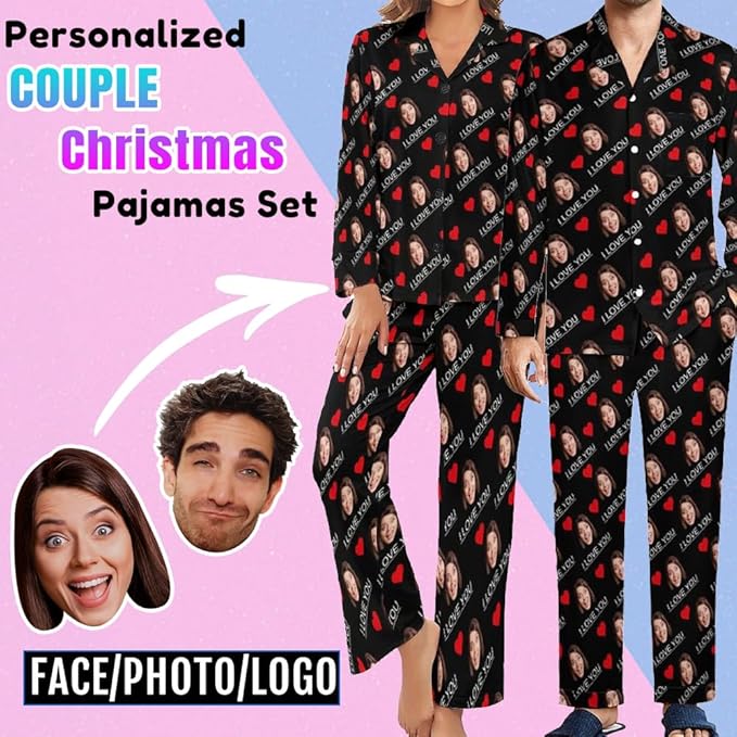 Custom Face Pajamas for Women Men,Personalized Dog Cat Pet Pajamas Set,Christmas Long Sleeve Sleepwear Pjs