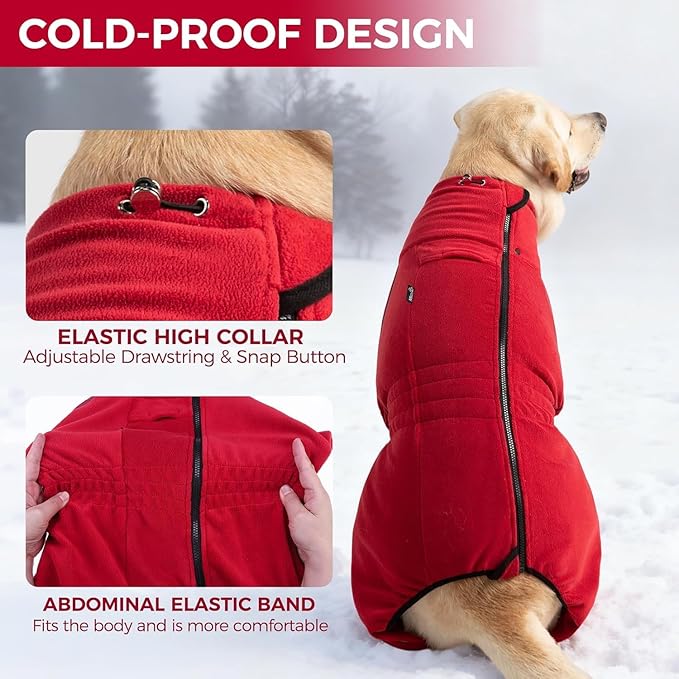 Mihachi Dog Snow Suit Dog Coat Soft Fleece Pullover Pajamas, Pet Windproof Warm Cold Weather Jacket with Zipper, Reflective Jumpsuit Apparel Outfit Clothes for Small Dog, Red S